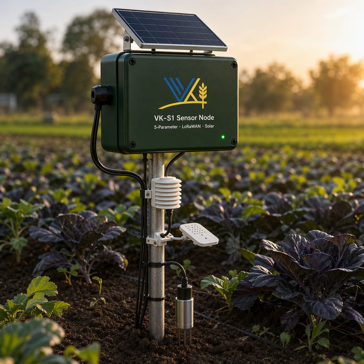VK-S1 solar-powered LoRa soil sensor node deployed in an Indian agricultural field