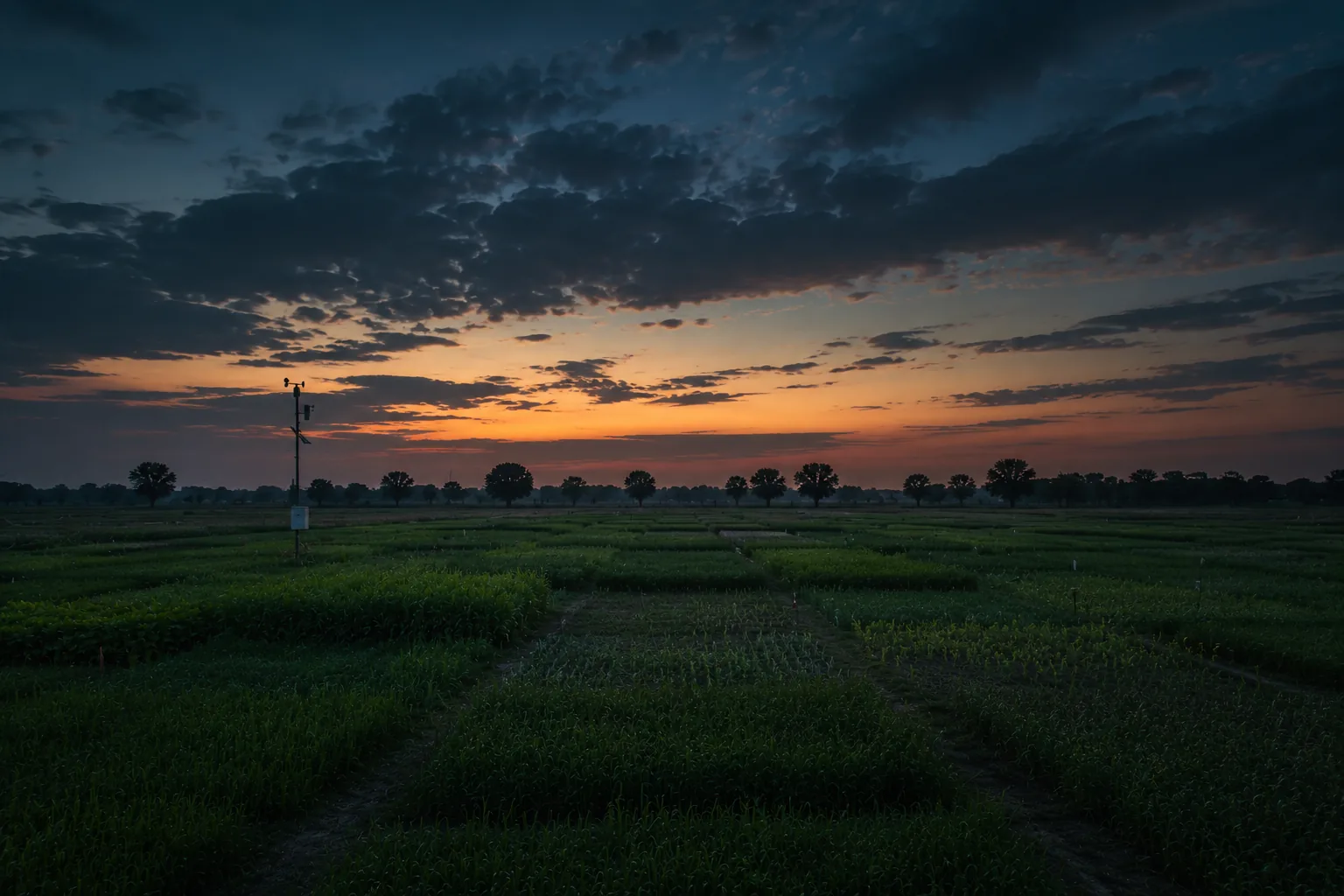 Agricultural research field at dusk