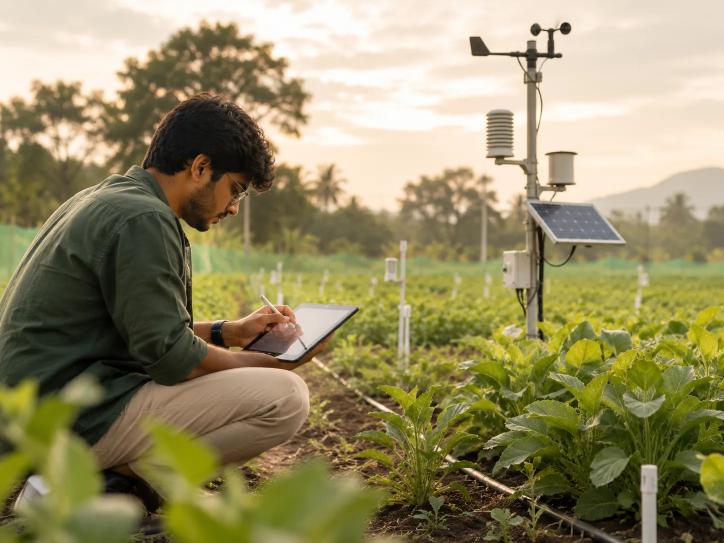 Field researcher logging data beside instrumented trial plots