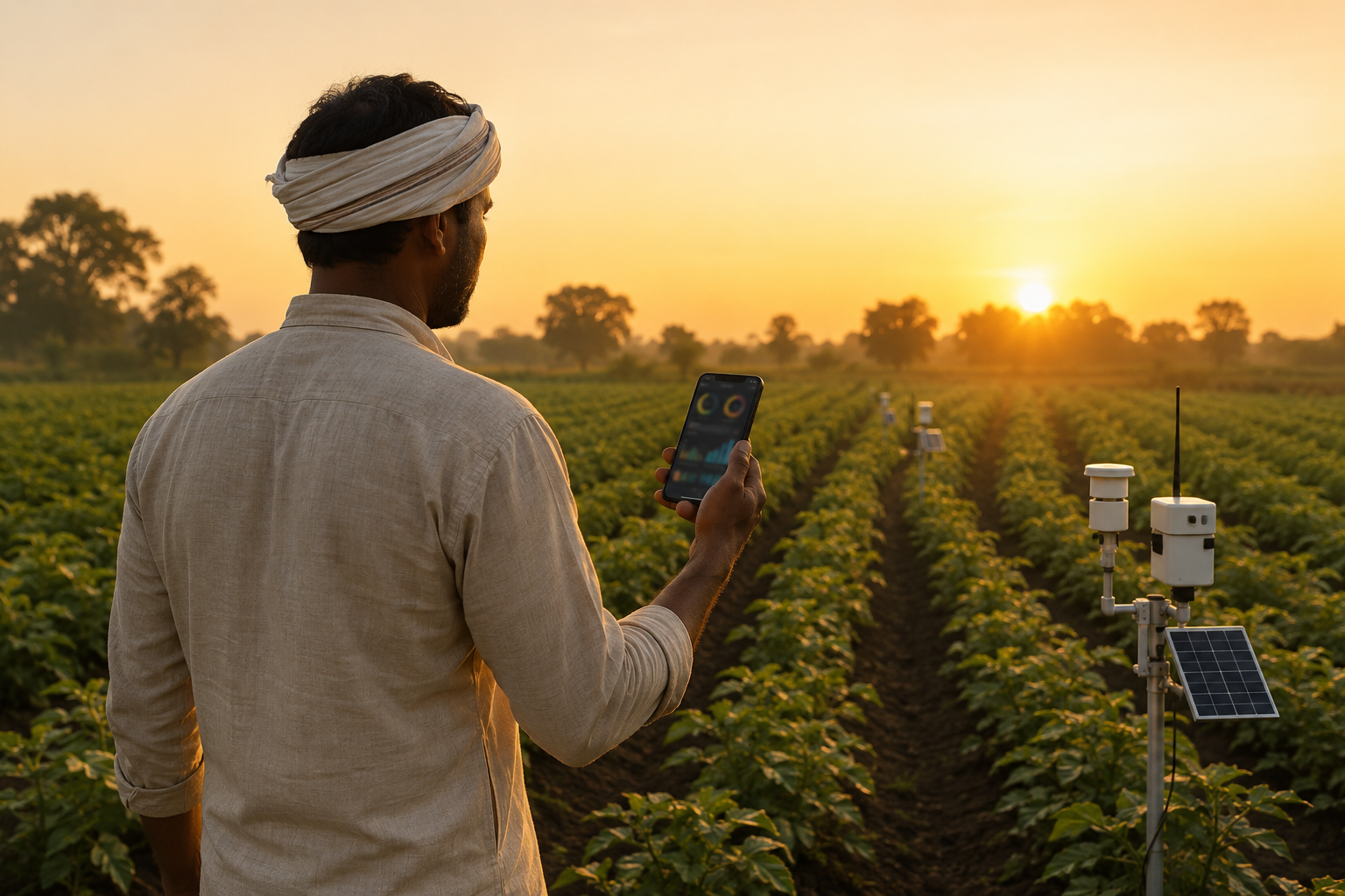 Farmer checking sensor data on a phone beside solar-powered field sensors
