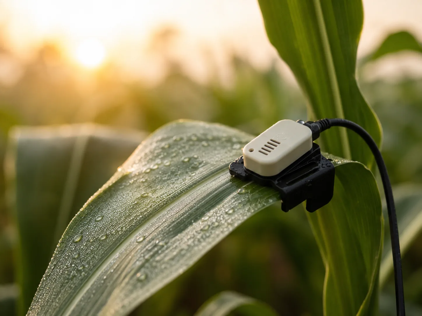 Leaf-wetness sensor clipped to a dewy crop leaf