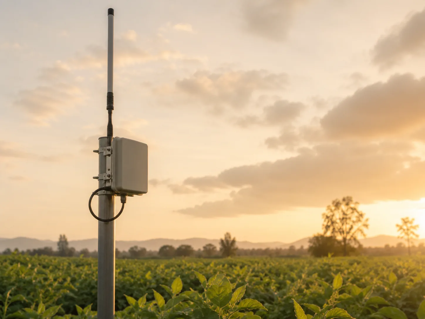 LoRa gateway antenna on a pole above a green field