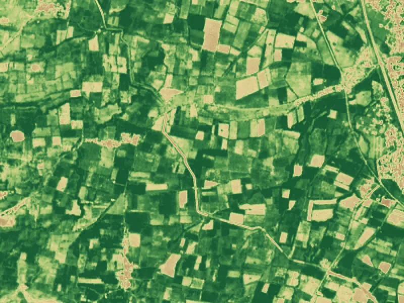 The same area as an NDVI greenness map: dark green is dense healthy canopy, pale yellow and brown are bare or dry fields